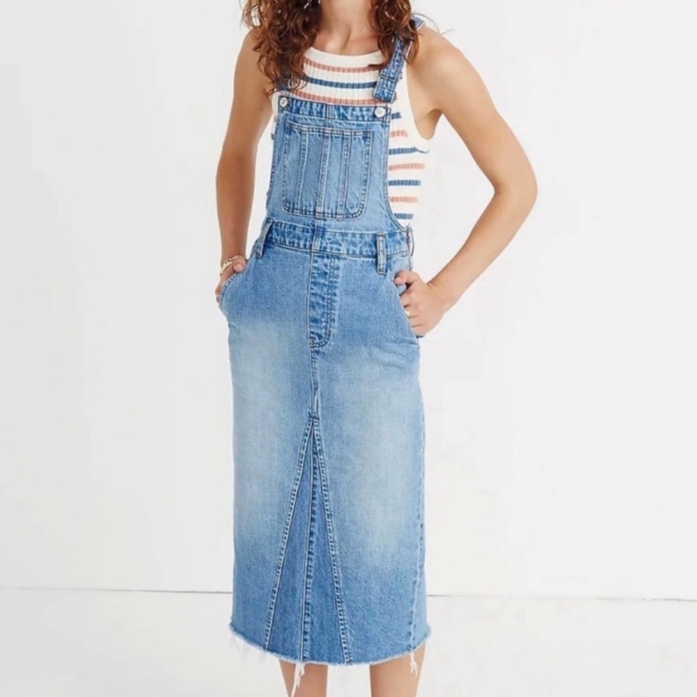 Madewell Reconstructed Denim Overall Dress Light Wash Midi